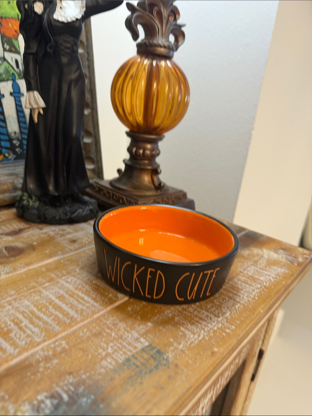Rae Dunn Black and Orange "WICKED CUTE" Ceramic Dog or Cat Bowl
